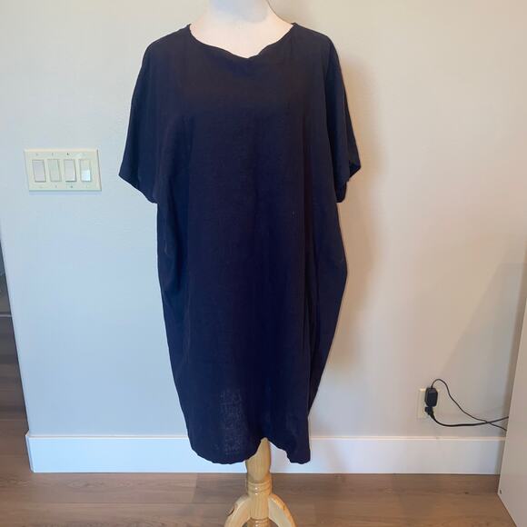 Anemone Blue Linen Blend Lagenlook Dress S/S One Size - Picture 1 of 5